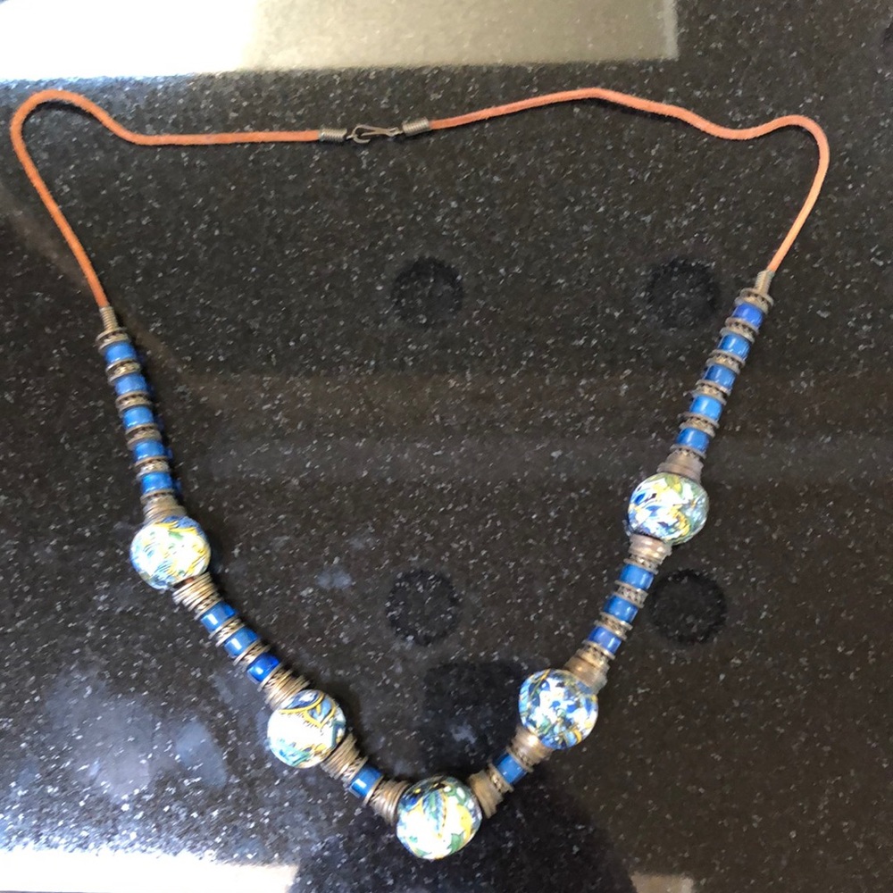 Enamel beads on leather necklace